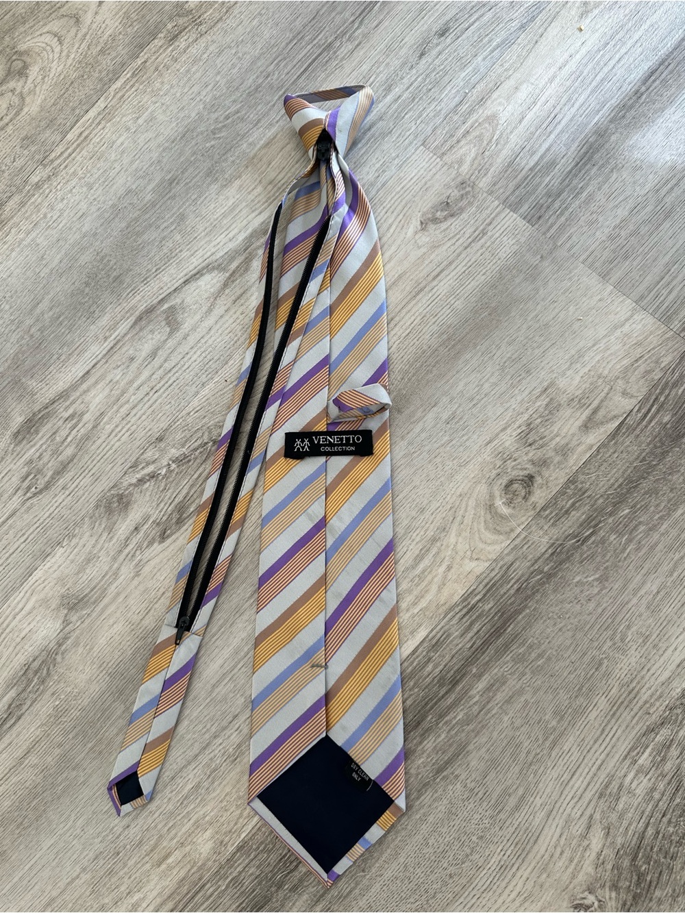 Striped Men's Silk Tie in Light Blue, Gold, and Purple - Picture 2 of 2